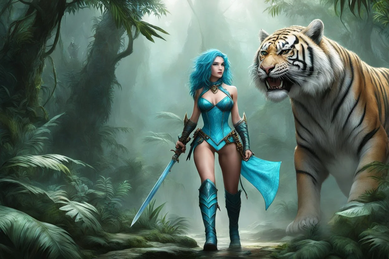 [humid jungle forest] thin nudist cyan female alien medieval ranger with fabric boots and corset, armed by a broad sword, she walks on the side of a giant tiger