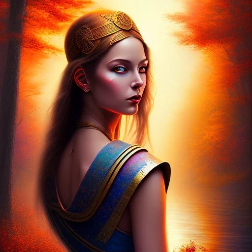 spray painted fantasy art, book illustration,portrait of priestess by a dam ,autumn water, colorful, evening, grave