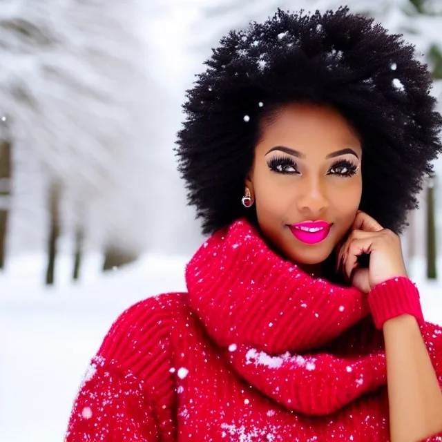 Woman, happy, expressive, emotive, smiling, pouting lips, African American, afro hair, kinky hair, coily hair, blizzard, snow, red sweater, delta sigma theta, snow angel, hazel colored eyes, snow man, snowflake,snowball, hair in high puff, short hair, no makeup, natural colored lips