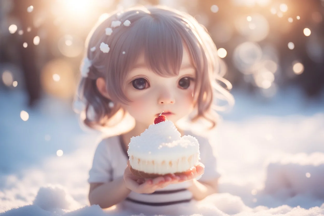 cute chibi girl eating white snowcake in sunshine ethereal, cinematic postprocessing, bokeh, dof