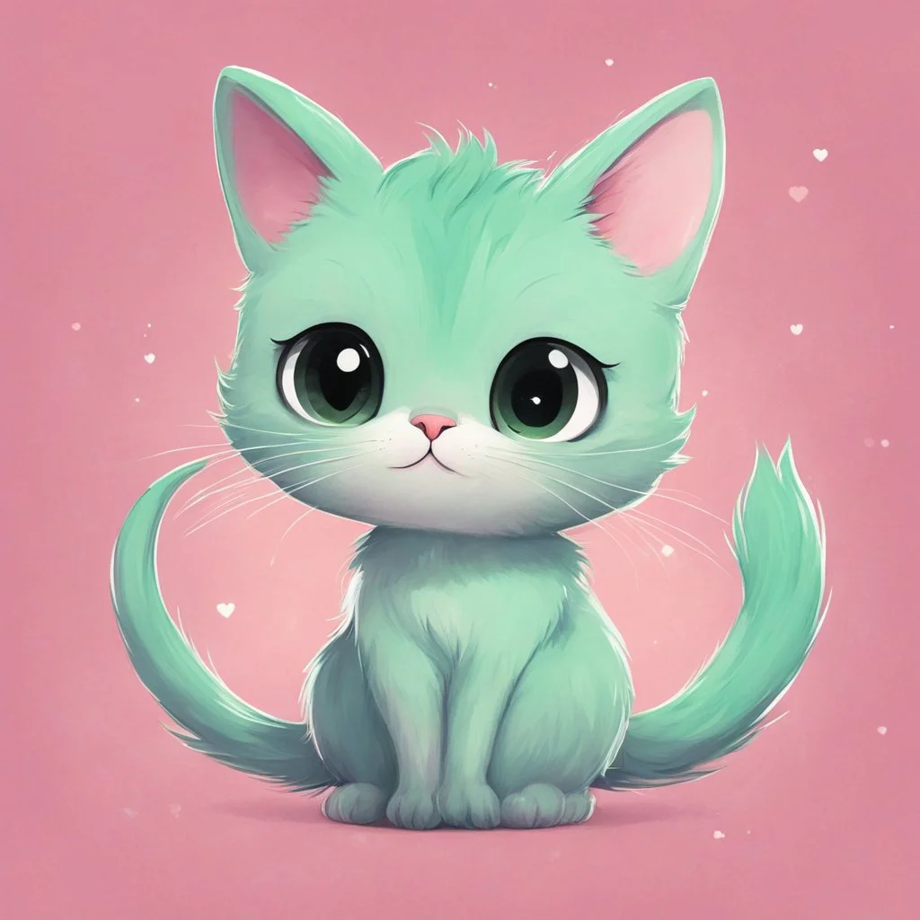 A charming digital art piece showcasing the cuteness of a mint-colored cartoon cat, set against a soft and inviting pink background, (charming digital art:1.4), (cute cartoon cat:1.5), (soft and inviting pink:1.3), (expressive mint hues:1.2), drawing inspiration from the styles of cute and whimsical illustrators, trending on CGSociety, Intricate, Sharp focus, warm lighting, (captivating:1.4), (playful details:1.5), (lush fur details:1.3), Cartoon, Masterful, Captivating, Photorealistic, Ultra-de