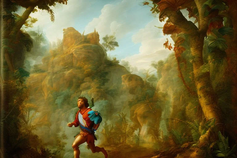 man running in colorful jungle by andrea del sarto