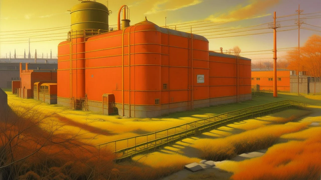 An orange colored electrical power plant with batteries painted by Birge Harrison