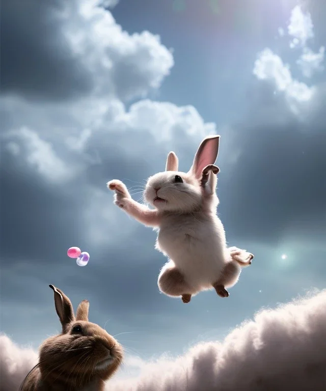 Ultra realistic speed clouds sky scene, wide angle view, childs falling down with many Childs background, rabbit head, circus dress style, feather color, free jumping flying, many trinkets, hair monster, many jelly beans, balls, color smoke, smile, happy, extreme, wind, clouds sea, 20,000 feet altitude, stratosphere, soft color, highly detailed, unreal engine 5, ray tracing, RTX, lumen lighting, ultra detail, volumetric lighting, 3d, finely drawn, high definition, high resolution.