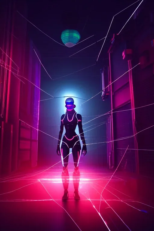 3d, si-fi hunger , far away a girl in the middle, stand on round platform, connected by wires , vr googles, beautifully color coded, super detailed, moody lighting, volumetric lighting, night time, glowing veins, mass effect, vertical light glow city