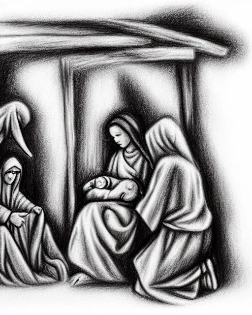 Nativity scene pencil and charcoal