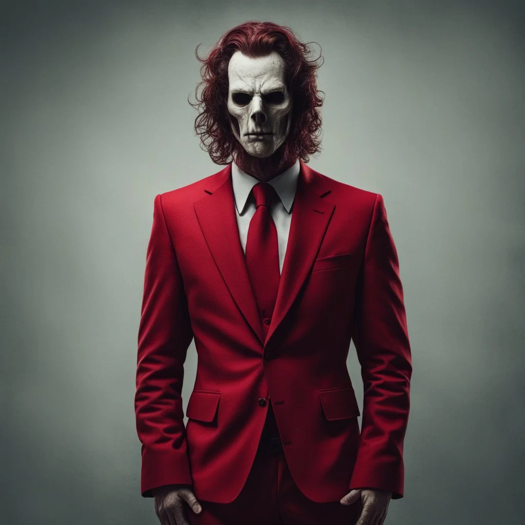 a sinister figure wearing a red suit with a red tie with no face and dirty hair