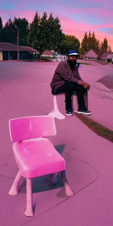 Ice Cube rapper, sitting. a chair. pink houses, pink sky, pink smoke, trees, outdoors. Groove street. 28mm