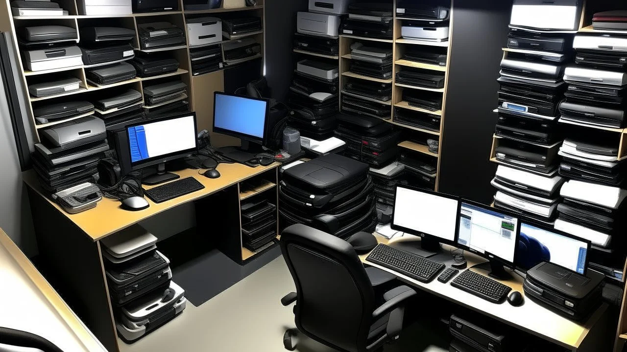 small room with many cars and computers neatly ordered