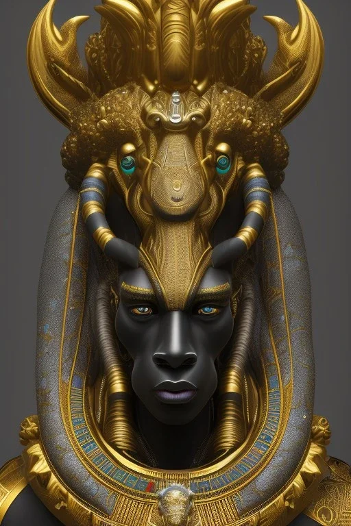 black male African Egyptian alien, cracks in the voodoo head, wicked, eyes, crown, Elephant, 8k, finely detailed, photo realistic, tiger turquoise skull head gold dragon space alien snow skeleton gold gorilla silver crown silver eyes