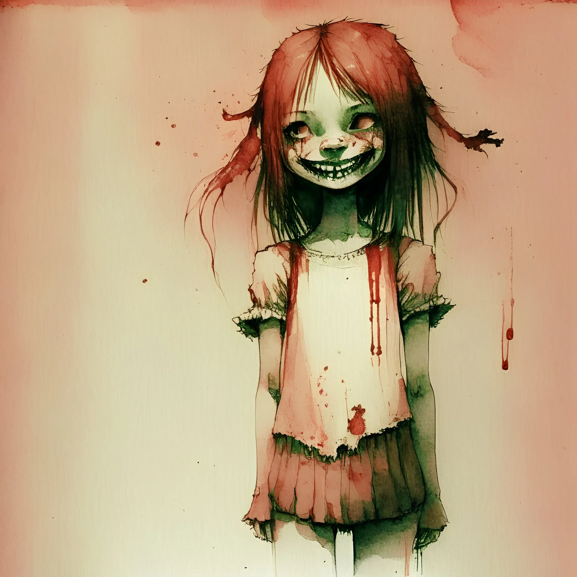 body anormal, smile blood, girl cute, watercolor illustration by <John Kenn Mortensen>, darkred tones,