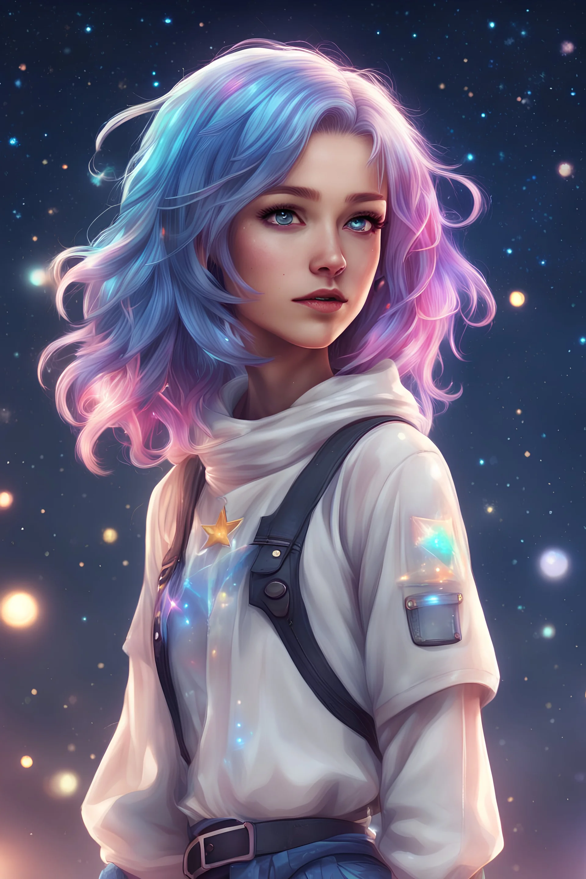 A beautiful, fictional girl from the year 2050, with starry-colored hair and summer clothes