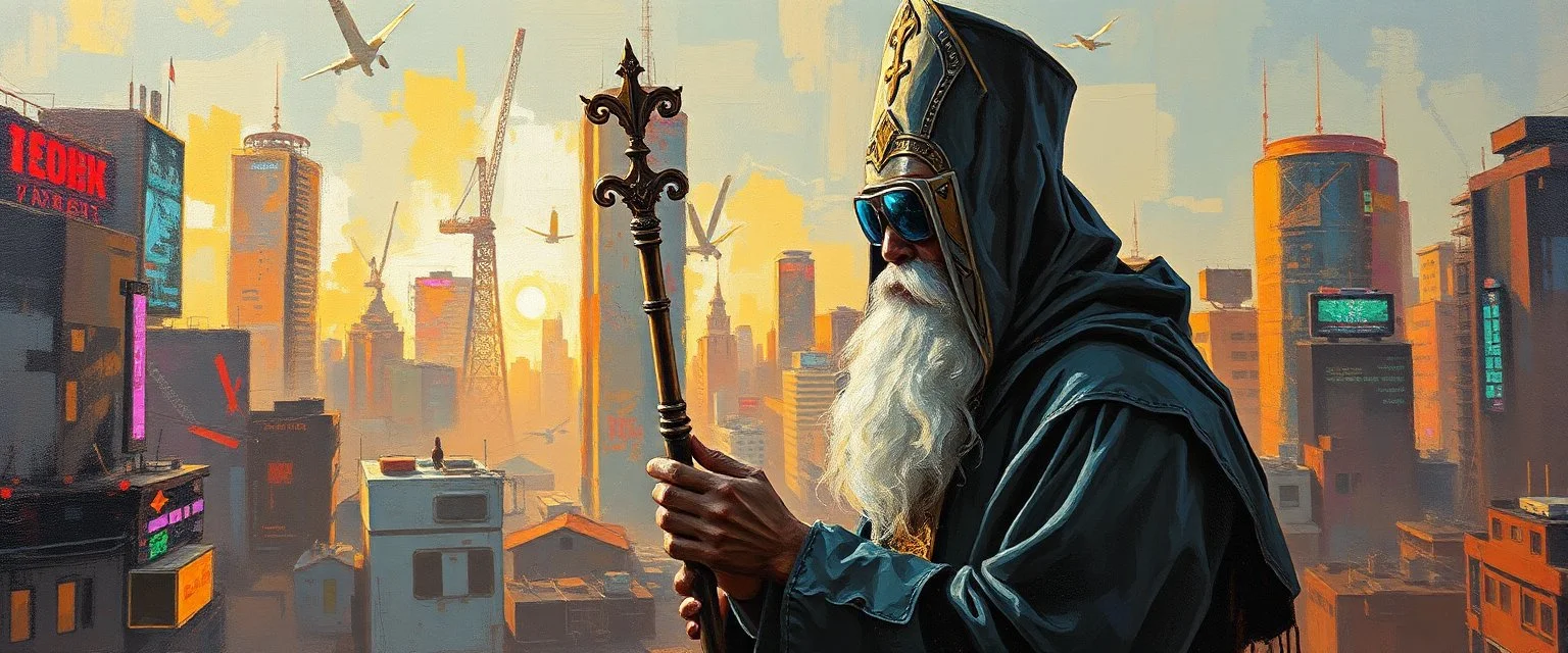 master oil painting, good afternoon cyberpunk priest, in the middle of high tech city