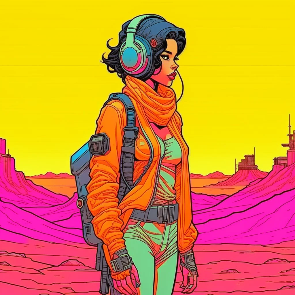 Moebius style scifi pilot girl with headphones and exosuit solid colors with a desert and dusty station in the background