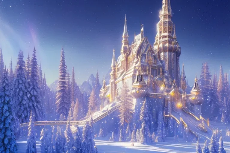  white and gold crystal castle，waterfall, winter snow flakessnow, northern Lights, full of details, smooth, bright sunshine，soft light atmosphere, light effect，vaporwave colorful, concept art, smooth, extremely sharp detail, finely tuned detail, ultra high definition, 8 k, unreal engine 5, ultra sharp focus