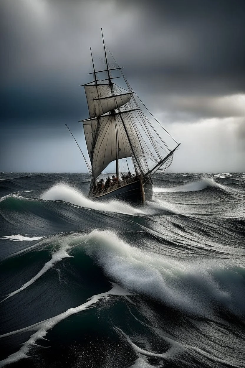 un ancien grand bateau à voile, incliné de 45 degrées, dans un océan extrêmement agité avec de très hautes vagues, et beaucoup de nuiages gris et de vent.