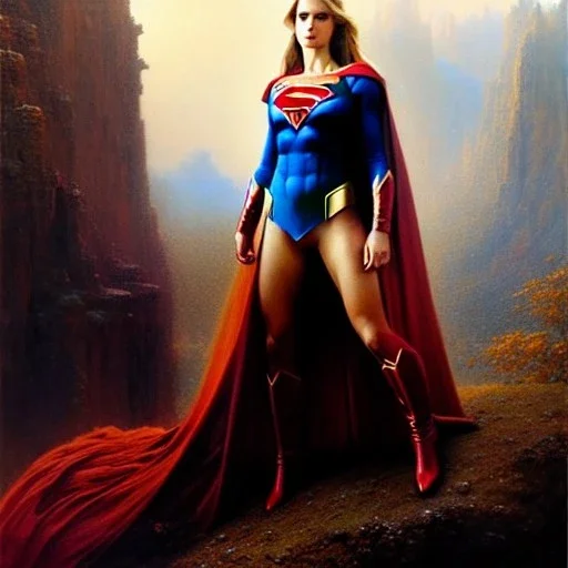 Drawing of beautiful face,busty SuperGirl,intense stare,Minimal ancient armor, balanciaga fashion clothe painting by gaston bussiere, greg rutkowski, yoji shinkawa, yoshitaka amano, tsutomu nihei, donato giancola, tim hildebrandt, oil on canvas, cinematic composition, extreme detail,fit full head inside picture,16k