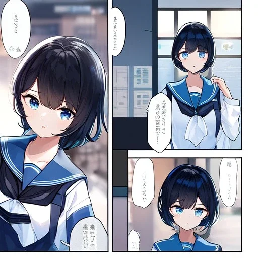 Clear focus,High resolution, Black short fluffy hair, and blue eyes, wearing a sailor uniform, Great quality comic, Lots of dialogue