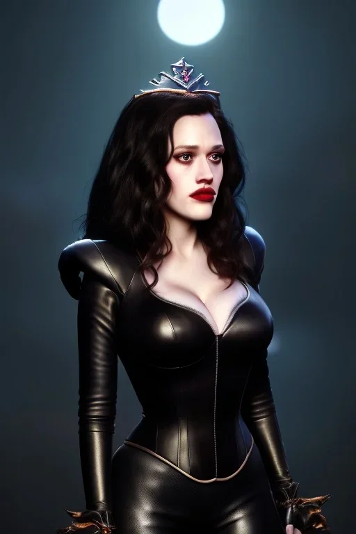 painting of kat dennings as evil queen in black leather pants, , leather, angry, stern look, volumetric lighting, particales,highly detailed,cinematic, deep colours,8, highly detailed, digital painting, artstation, concept art, smooth, sharp focus,