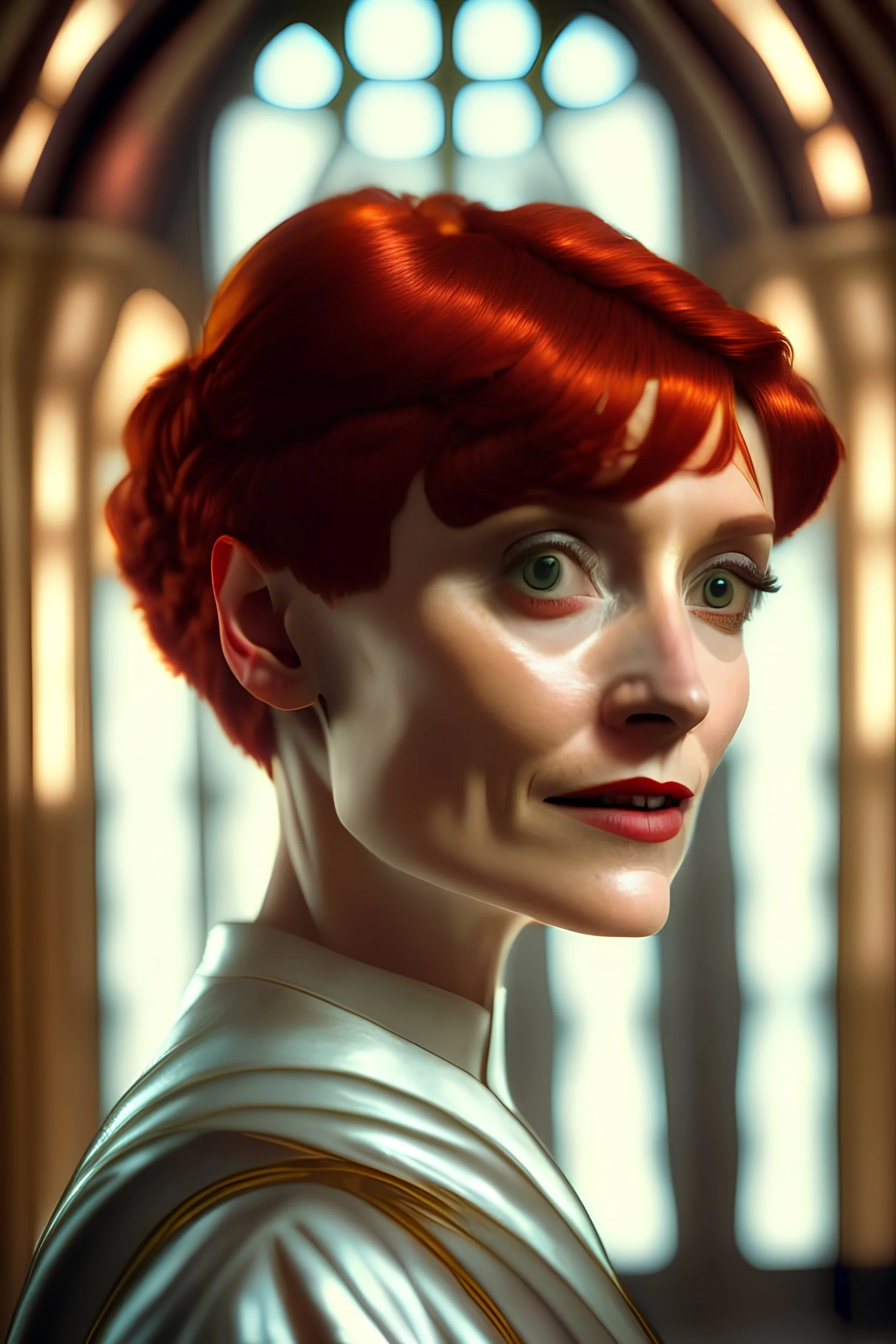 female pope Across the Salon. Selfie, in the style of Bichitr and Alonso Cano, glass paint, redhead with pixie haircut, perfect eyes, ((looking at viewer and smiling beautifully)), half body portrait, profile, high definition, exquisite craftsmanship, hyperrealistic, organic, 8k, Back Lighting, double exposure, unique, irresistible, bewitching, fabulous, very pretty, mesmeric, dreamy, , trending on artstation, sharp focus, studio photo, intricate details, highly detailed, by greg rutkowski,