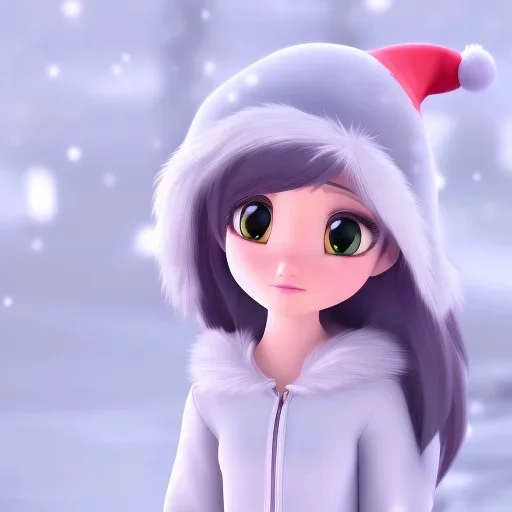 girl, Christmas hat on head, looking forward, anime art, cold weather, gray furry clothes,anime key visual of elegant young female