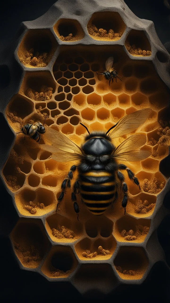 Bosch nightmares paining style Title:a bees inside a Honeycomb , 8k artistic photography, photorealistic concept art, soft natural volumetric cinematic perfect light, chiaroscuro, award-winning photograph, masterpiece, oil on canvas, Raphael, Caravaggio’s, Greg Rutkowski, people, beksinski, Giger