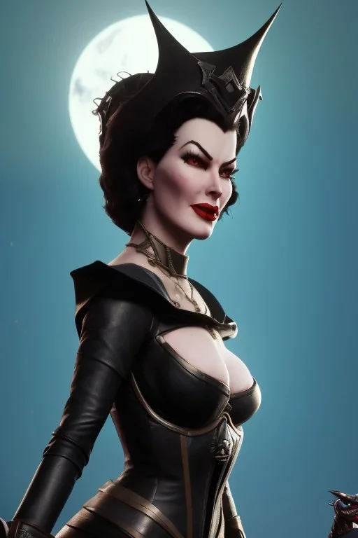 Ava Gardner as evil queen in black leather, busty, cleavage, curvy, angry, stern look. character design by cory loftis, fenghua zhong, ryohei hase, ismail inceoglu and ruan jia. unreal engine 5, artistic lighting, highly detailed, photorealistic, fantasy