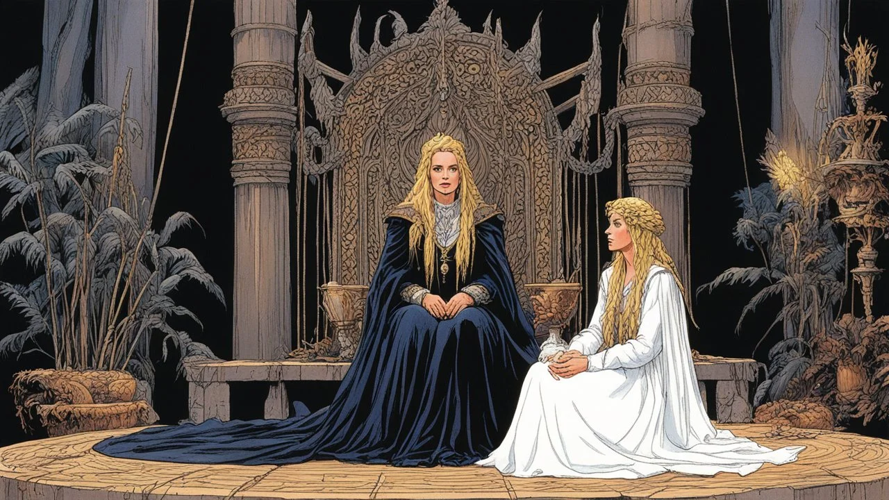 [colour illustration for Sorceress (1982)] Leigh Harris as the dark Lady of Whispers sits upon her ornate throne looking down at Lynette Harris the poor farmer blonde braids woman knelt before her, her eyes downcast in a mixture of fear and defiance.