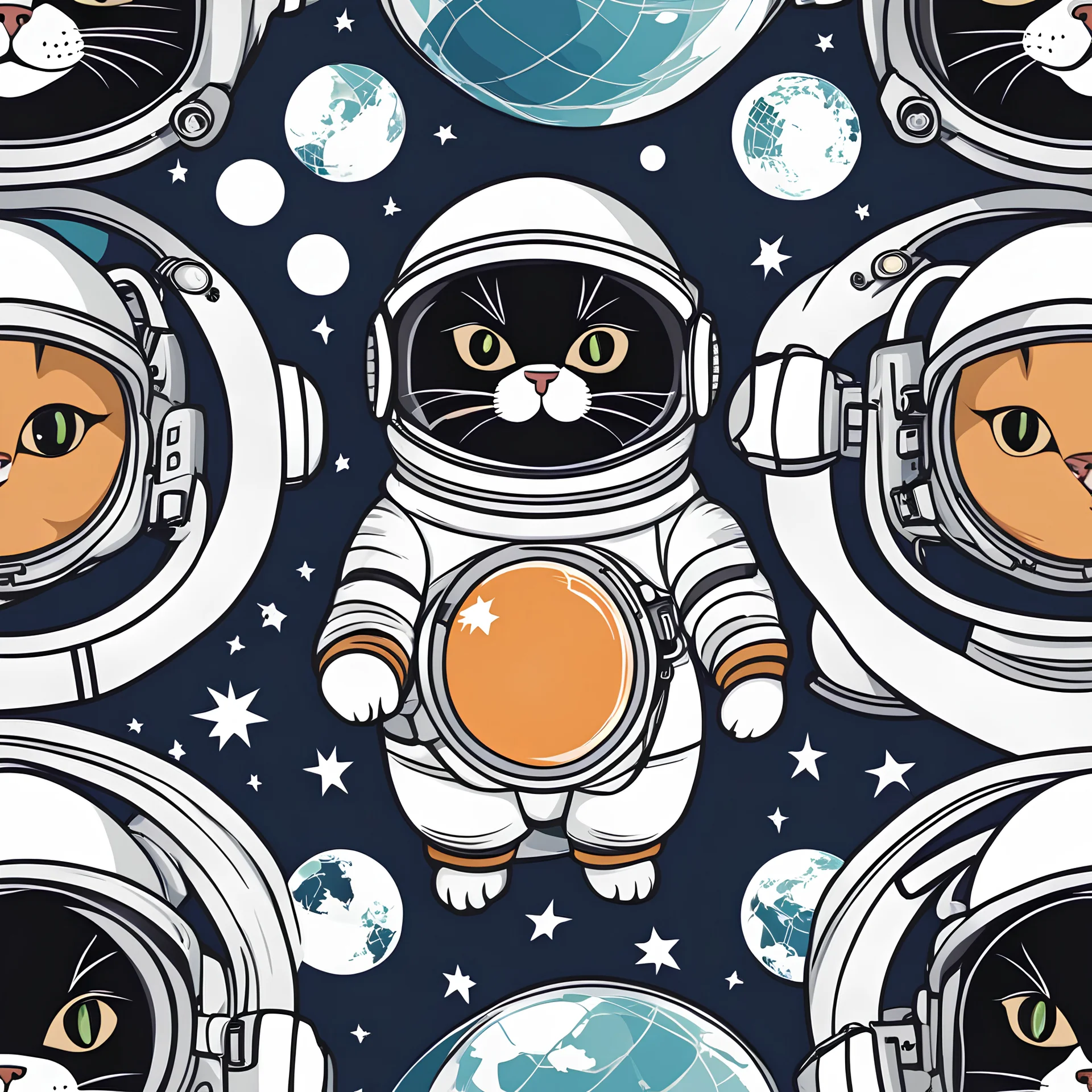 Astronaut cat seamless pattern, vector, cartoon like. Cat in astronaut suit playing.