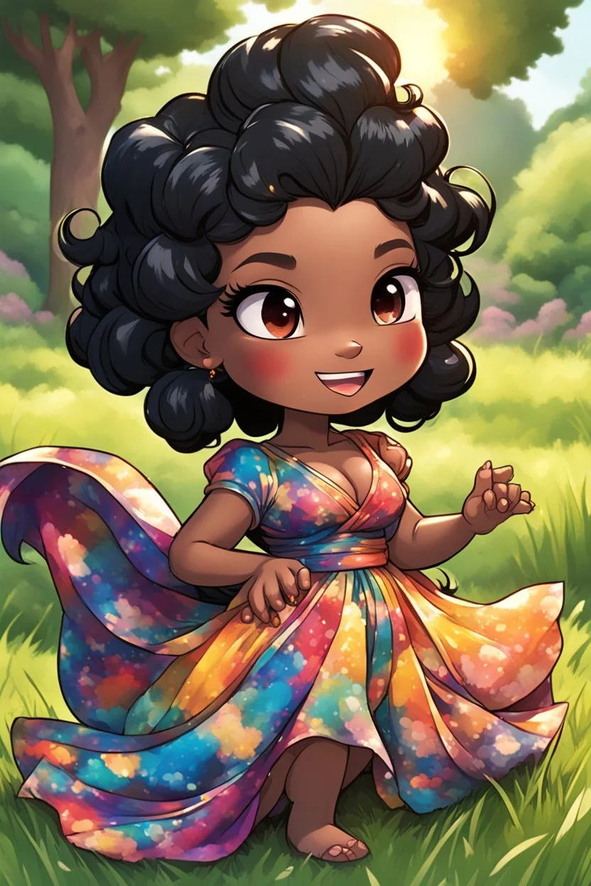 A comic book art image of a chibi black cartoon of a curvaceous woman with flowing black hair twisted up, wearing a colorful maxi dress. She sits relaxed on the grass facing the warm sunlight, which illuminates her face as she looks to the side with a small smile, accentuating her prominent makeup and brown eyes.