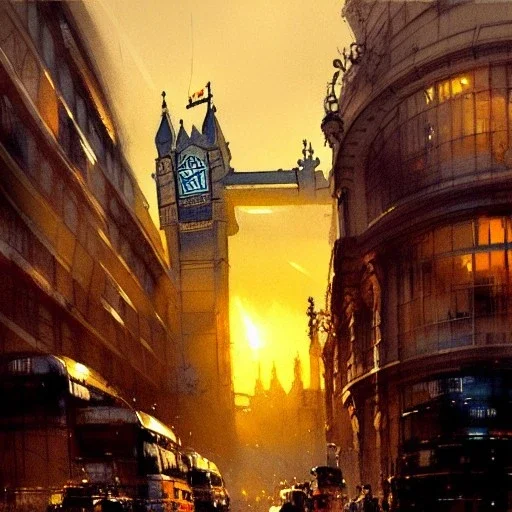 London,Golden hour, book illustration by Jean Baptiste Monge,Jeremy Mann", strong lines, high contrast vibrant colors, highly detailed