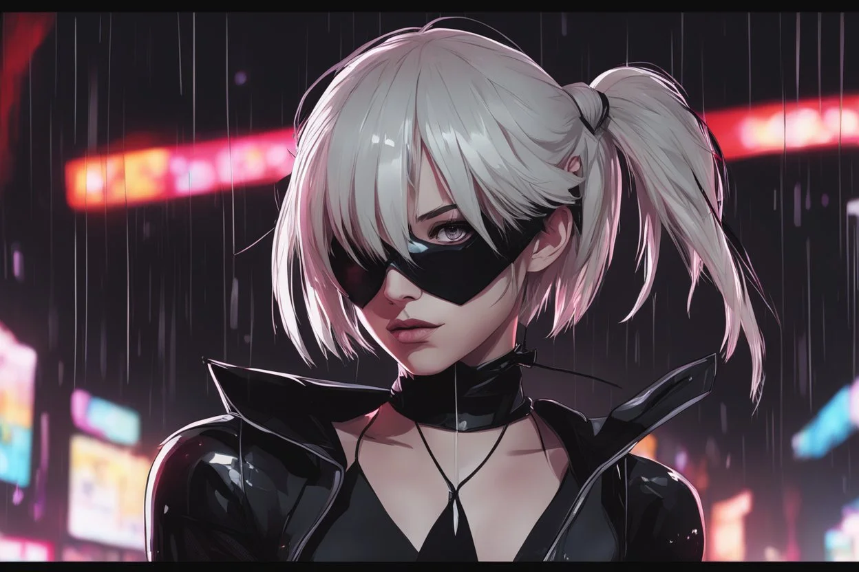 Venom in 8k nier automata anime drawing style, spider-gwen them, cinematic mood, neon effect, close picture, rain, highly detailed, high details, detailed portrait, masterpiece,ultra detailed, ultra quality