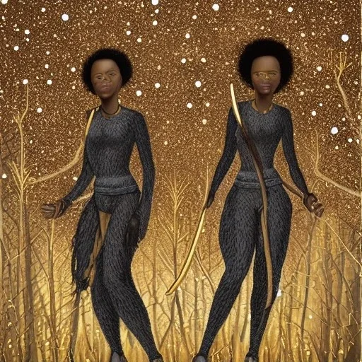 Biologically Female Twins, black skin, tall and slender, long afro kinky hair,big brown eyes, warrior wear. Gold accents on clothing. Surround by trees. Holding golden spears. Starry night