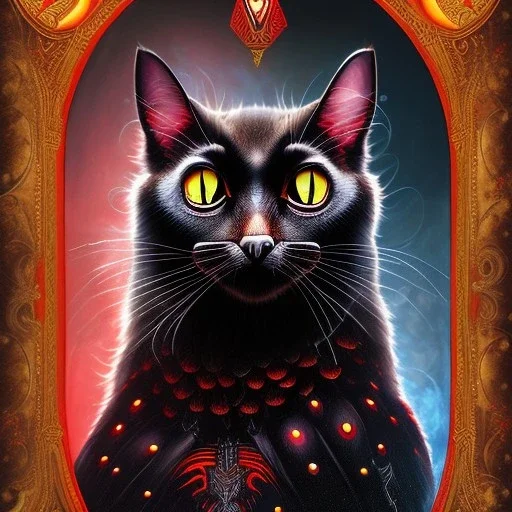 close up on cat in magickal forest, with the black and red owl in the background, fantasy book cover art