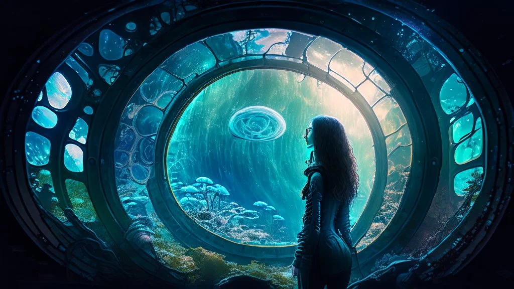 woman standing inside the interior of a ruined alien spaceship, with a circular window, overrun with mushrooms with jellyfish tentacles