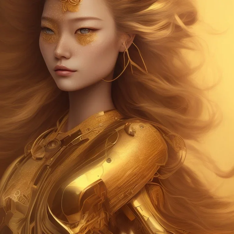 a wonderfull japanese woman, curves, cyborg, golden long hair, hair covering one eye, ultradetailed fine art photo of a indian, weet face portrait, snow flakes particles, 8 mm lens, golden ratio composition, detailed face, studio photography, very detailed,masterpiece, artstation, 8 k, highly coherent