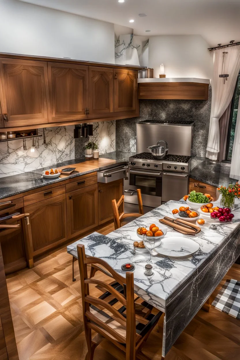 Modern kitchen Architecture, marble, Shot with Canon EOS R5, 50mm lens, depth of field, shutter speed 1/1000, f/2.8, white balance, 6000k. High resolution, realistic detail, HDR effect, film grain, 4K --ar 16:10 --s 700 --q