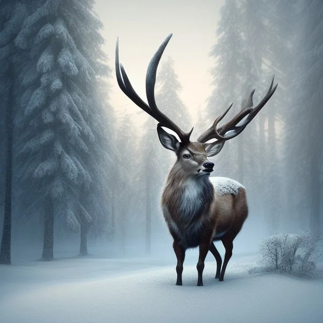 the most stunning, beautiful portrait of a stag in a winter landscape, high-quality, ultrafine-detail, flickering light, fog, 8k resolution, 3d octane render, digital art, detailed matte, close up, George Grie, Anne Dittman, Anne Stokes, Lisa Parker, Selina French