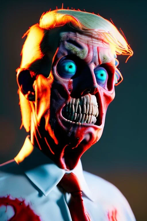 Ultra realistic image night, Donald trump zombie, zombie performance, skull, blood, torn arm, night, walking twisted, waist up view, the walking dead style, dark ambient, highly detailed, White House background, concept art, unreal engine 5, ray tracing, RTX, focal lighting, ultra detail, volumetric lighting, 3d, finely drawn, high definition, high resolution.