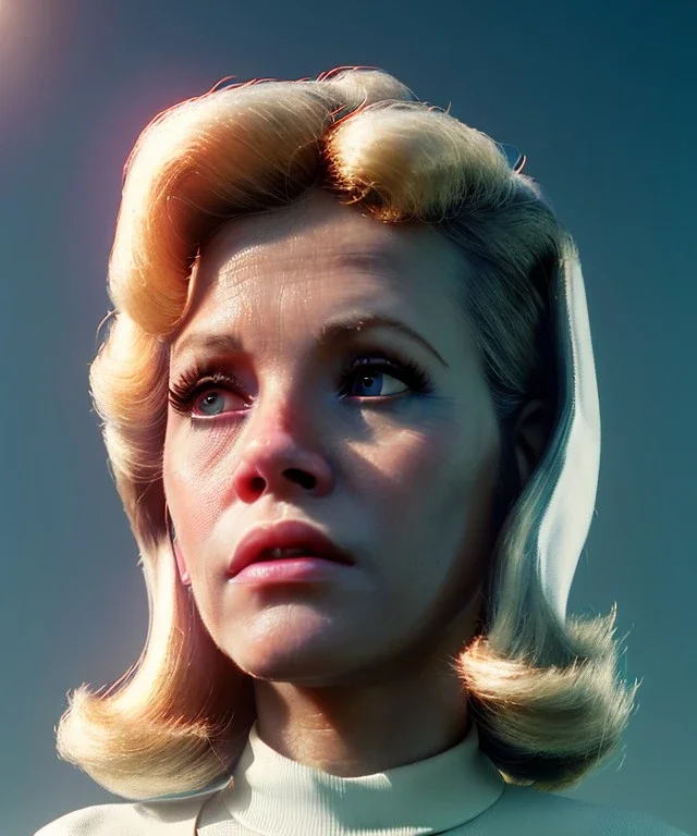 Ultra Realistic retro sci-fi movie, people, classic ovni, 1960 year, waist up view portrait, blonde woman, sweet teenager Jane Fonda face, perfect, glow rays eyes without pupil, face makeup, tight latex coat, retro glass helmet, Retro sci-fi style, soft color, highly detailed, unreal engine 5, ray tracing, RTX, lumen lighting, ultra detail, volumetric lighting, 3d, finely drawn, high definition, high resolution.