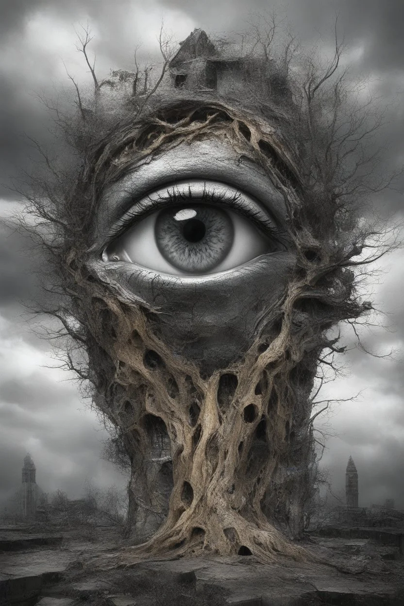 surrealis monochrome A fragmented, surreal sculpture liguid color of photorealistic image 3d,psychedelic art of a big eye surrounded by clouds glossy emerging from dreamlike a crumbling building. The face appears pale with deep cracks and intricate details, evoking a haunting expression. Blackened tree branches intertwine with the gold mengkilat cracks, set against a backdrop of stormy, cloud-filled skies. bauhaus art The overall tone is dark and moody, suggesting themes of decay and transfor