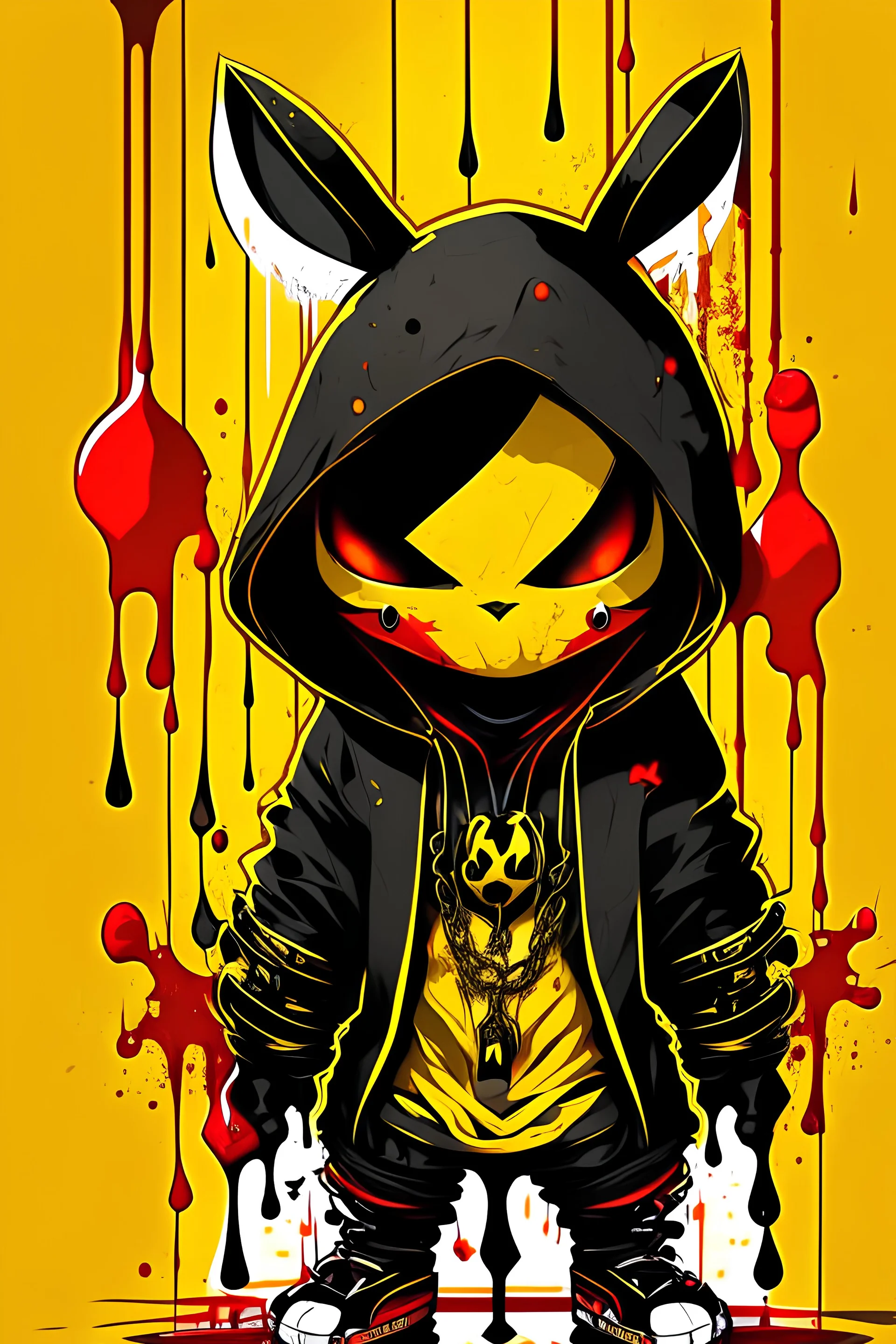 cartoon character of a person with a hoodie , in style of cytus and deemo, ork, gold chains, realistic anime cat, dripping black goo, lineage revolution style, thug life, cute anthropomorphic bunny, balrog, arknights, aliased, very buff, black and red and yellow paint, painting illustration collage style, character composition in vector with white background
