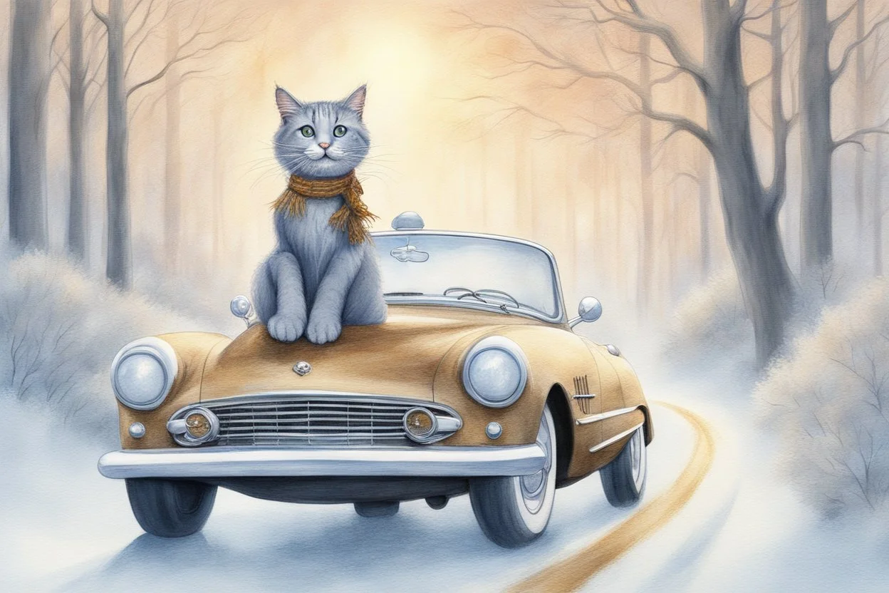 Cute little happy cat scarecrow riding a luxury car, forest path background, winter, snowflakes swirling, waterfall, reflection, mist, sunrise, smooth intricate photorealistic hyperrealistic high definition beautiful lighting pencil sketch watercolor dramatic lighting storybook illustration polished Deep shadows deep color warm light shiny glitters