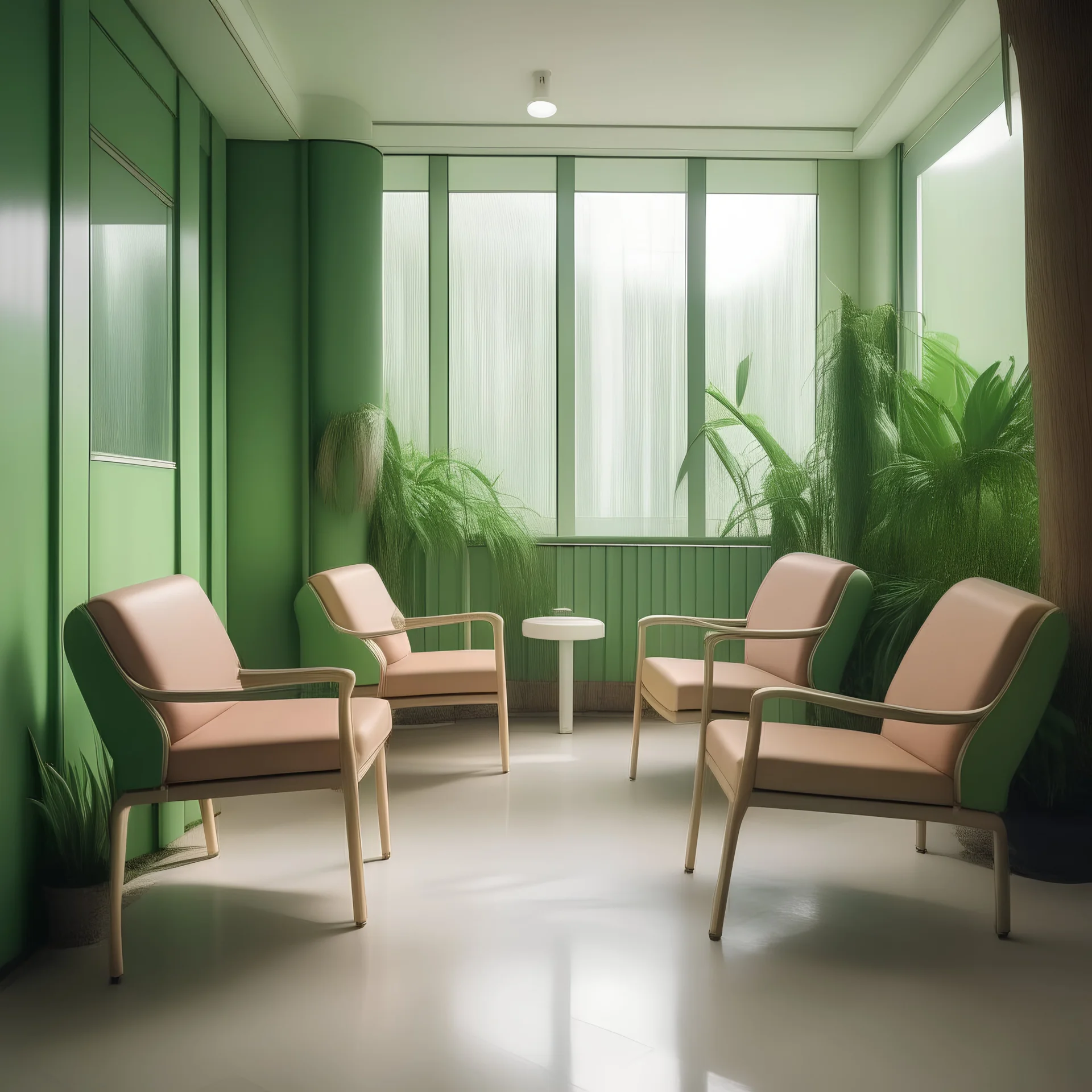 Salle d'attente, hôpital, chaises vert es pastel, et bois, dans la jubgle