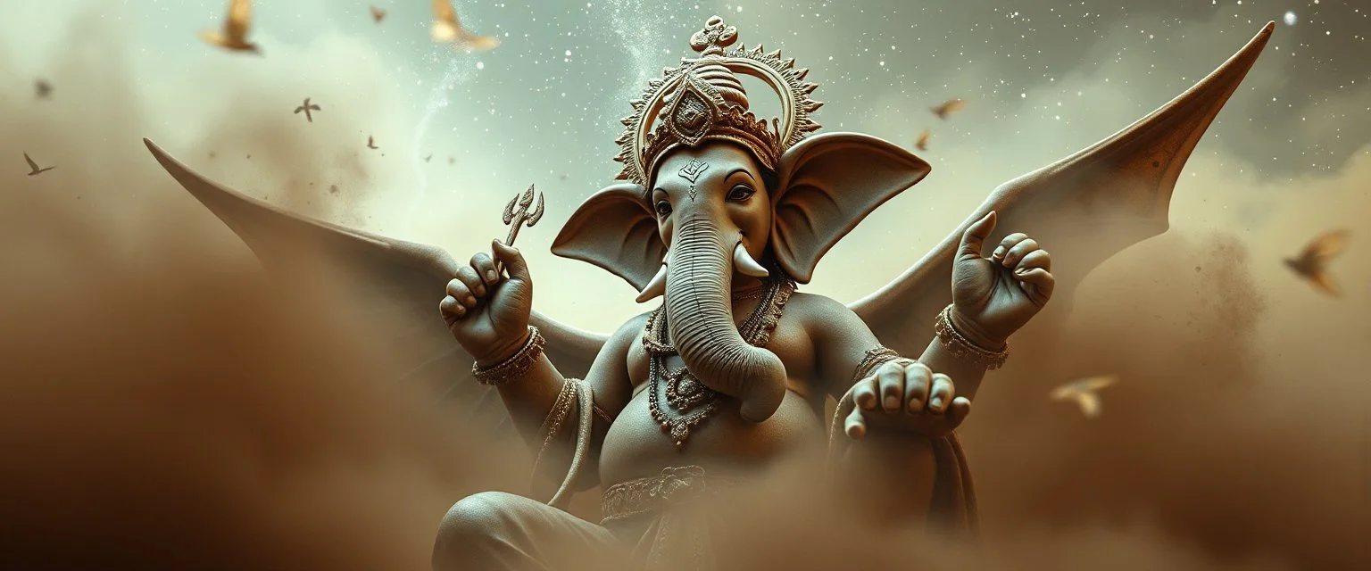 close up on the hyper winged ascendent jai ganesh in the dust storm of the master merkaba orchestral fat bat gemini math tao oracle in megacosm the true universe beyond our dimensions