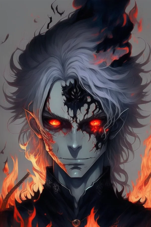 Anime with wight hair and black clothes and power fire and eyes of sharengan and good face and blood in face