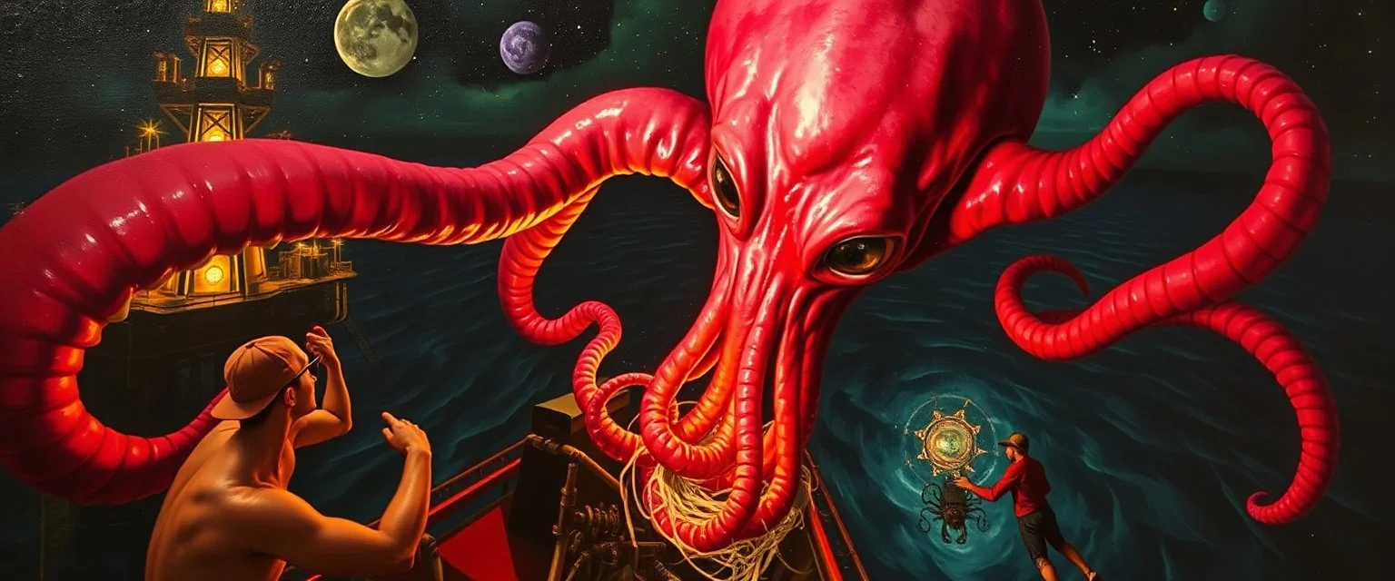 master oil painting by Rembrandt, roller coaster hypno psycho alien squid breast feeding with some bad ass power off shore oil platform cyber punk people experiencing gravity at its worst, pin hole cam, twisted perspective, goa trance music poster, awake within a dream