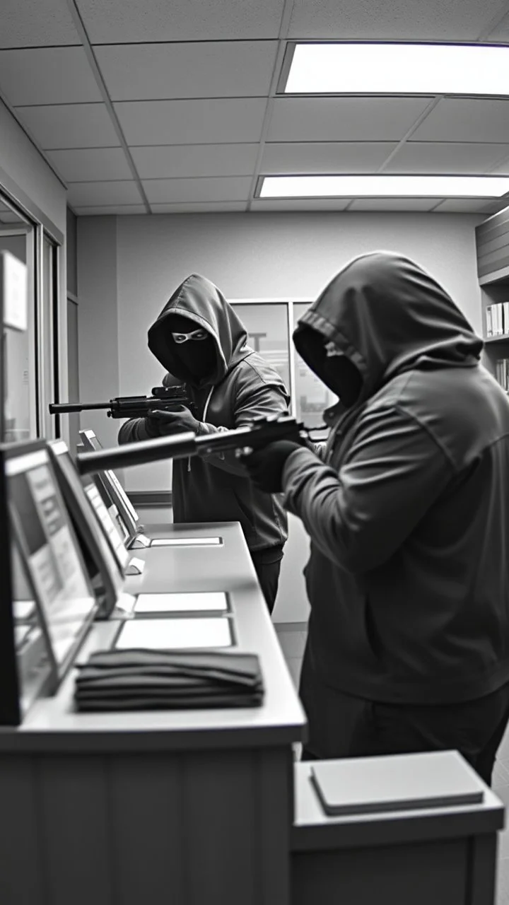 Bank robbery by hooded masked thieves, one of them standing on a counter pointing his machine gun to bank employees