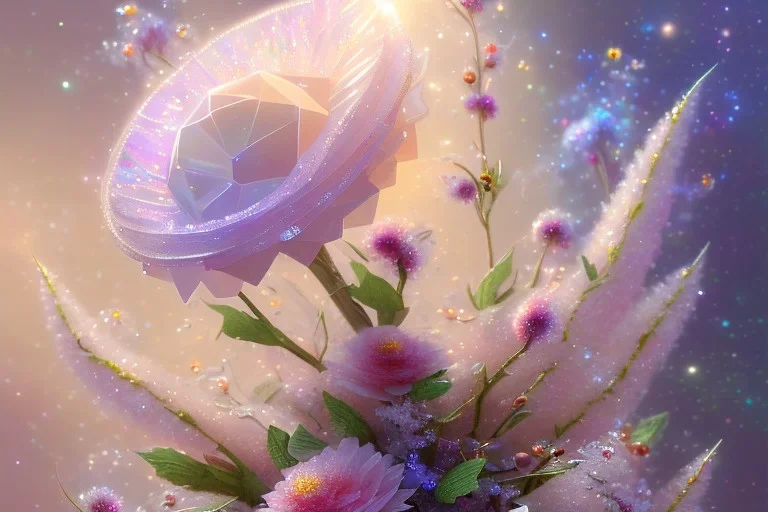 one big crystal subtle flower in a galactic ambiance, transparent petals, delicate colors, in the foreground, with a very little beautiful fairy, full of details, smooth, bright sunshine，soft light atmosphere, light effect，vaporwave colorful, concept art, smooth, extremely sharp detail, finely tuned detail, ultra high definition, 8 k, unreal engine 5, ultra sharp focus