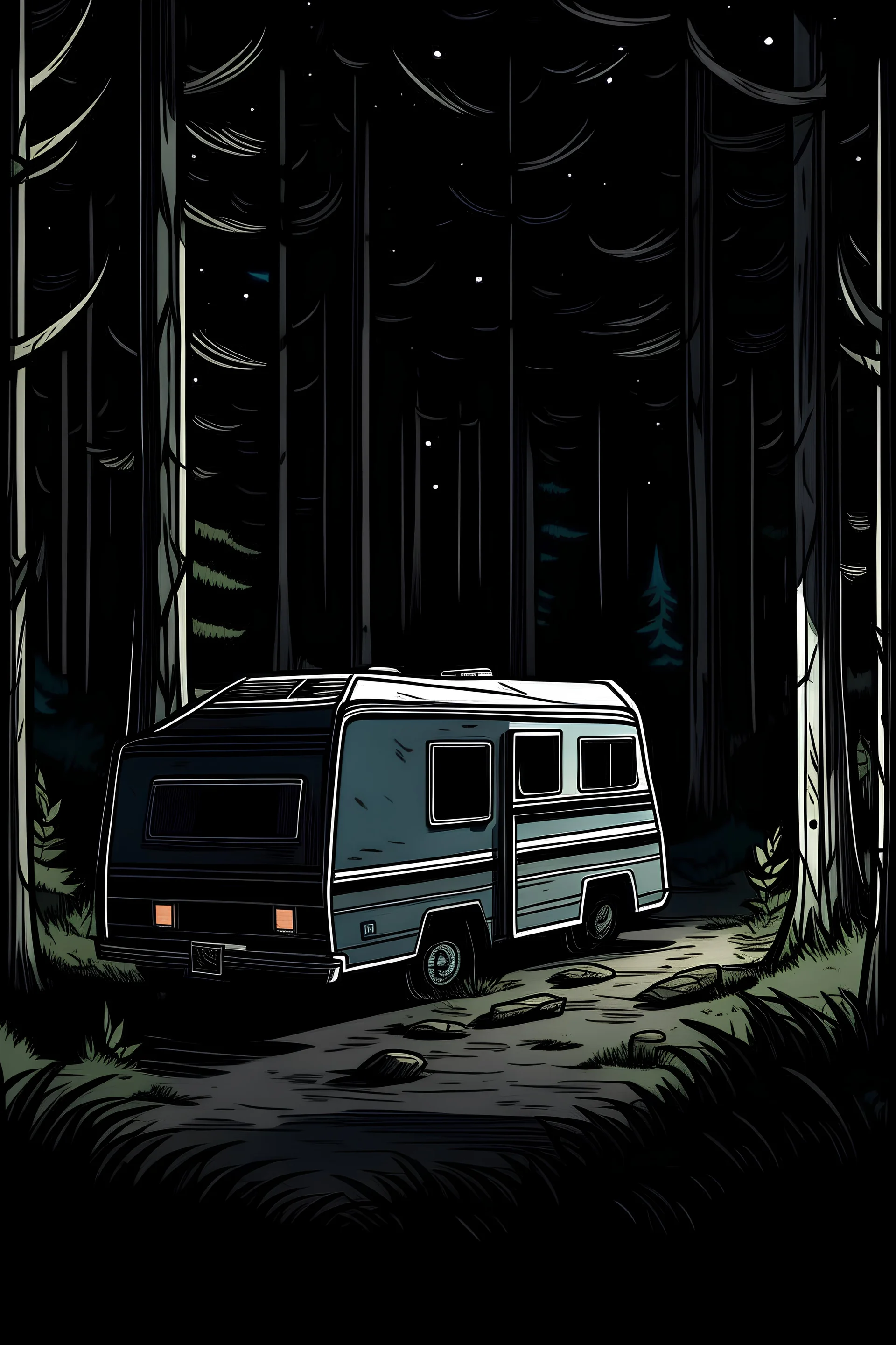 Create an image of a rv stranded in the woods in a dark forest. (Make it seem like a 15 year old drew it for a school assignment make it super simple)